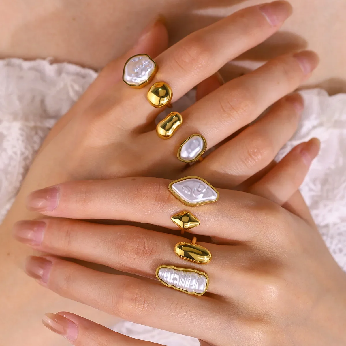 

Cross-border Irregular Pearl Gold Ring, Light Luxury High-end Titanium Steel Open Ring