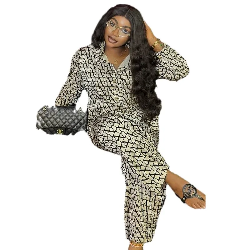 Autumn Fashion Set Woman 2 Piece Printing Long Sleeves Lapel Shirt High Waist Loose Wide Leg Pants 2025 Pant Sets Female Outfit