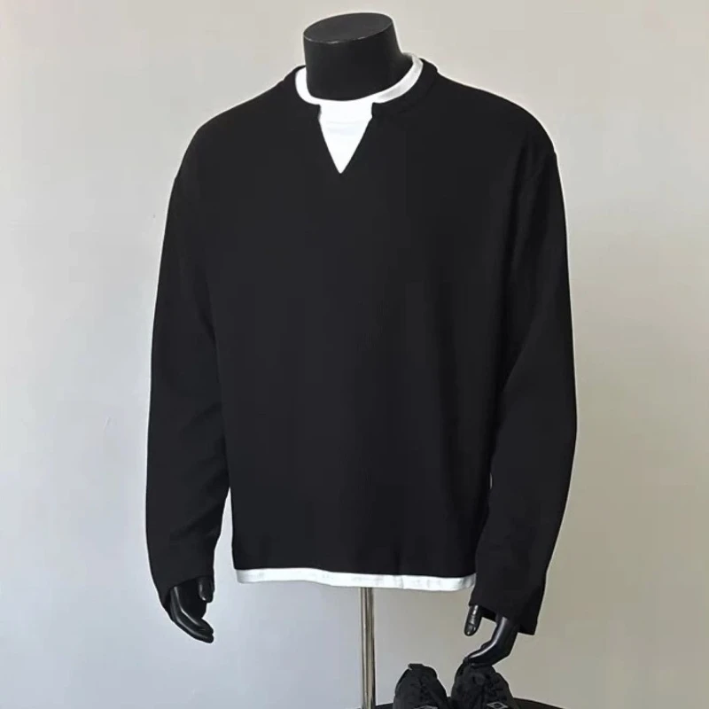 

Мужская футболка свободного кроя с V-образным вырезом, повседневная, дышащая, для весны и осени, больших размеров, 300 г/м², однотонная, с длинным рукавом, базовая модель