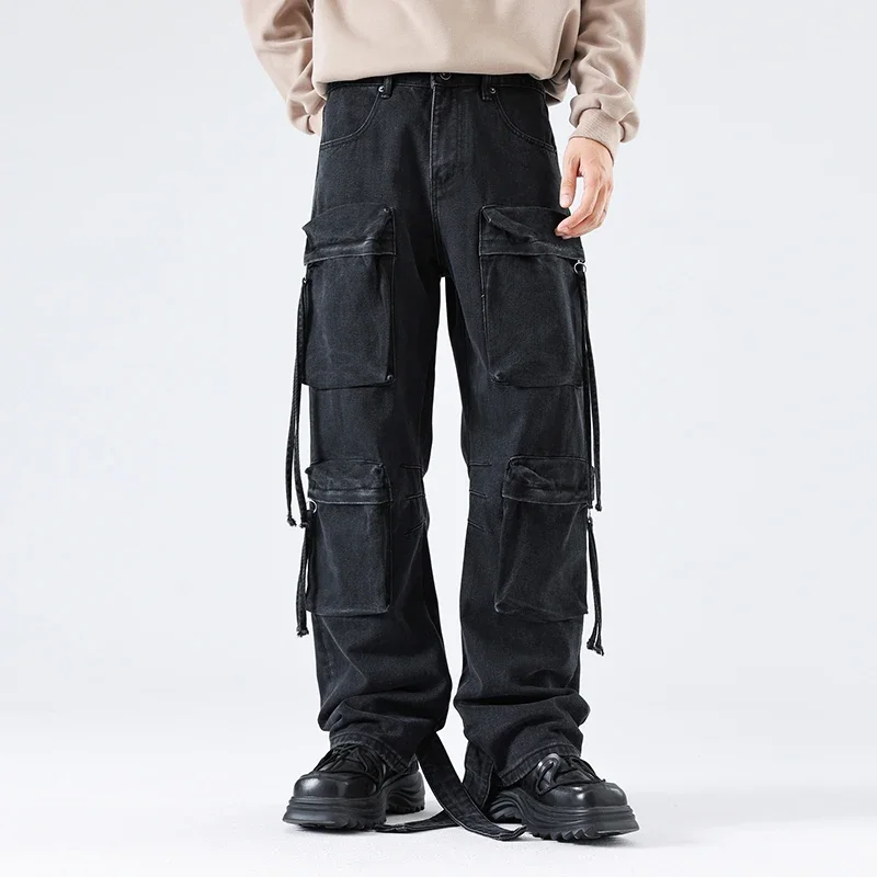 Men Streetwear Hip Hop Multi Pocket Loose Casual Plus Size Cargo Jeans Denim Pants Cityboy Jeans Trousers ClothesYY202