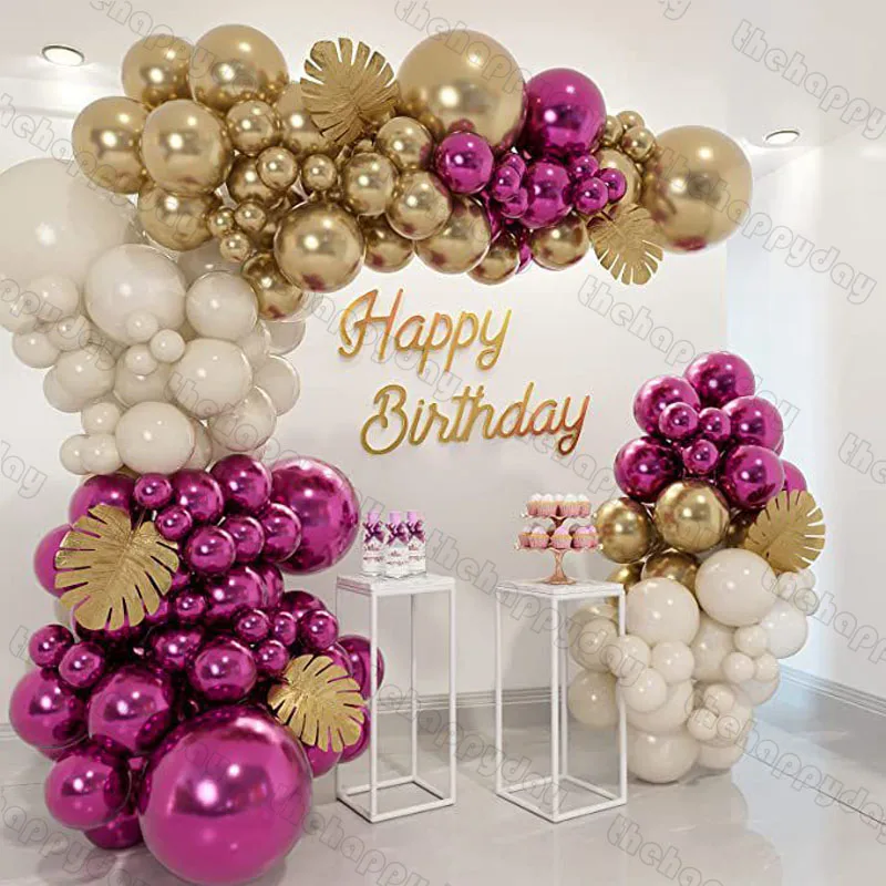 

Red Gold Sand White Balloons Arch Garland Kit Metal Magenta Balloons Garland Gold Plam Leaves Balloon Arch for Birthday Party