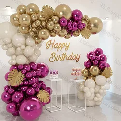 Red Gold Sand White Balloons Arch Garland Kit Metal Magenta Balloons Garland Gold Plam Leaves Balloon Arch for Birthday Party