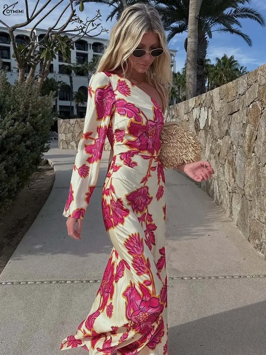 Oymimi Fashion Pink Print Women's Dress Casual Satin Skew Collar One-Shoulder Long Sleeve Dresses Autumn Straight Slim Dresses