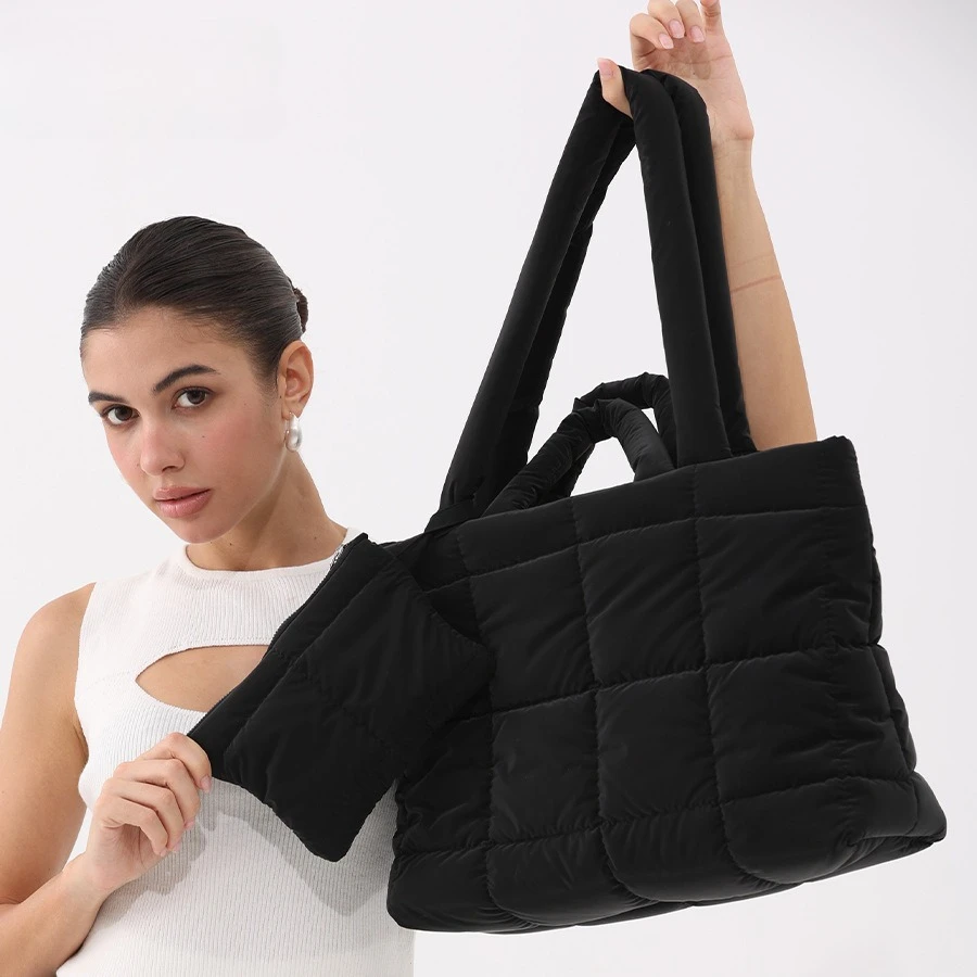 

Модная большая сумка с мягкой подкладкой, дизайнерские пуховые хлопковые женские сумки, роскошные мягкие нейлоновые сумки через плечо, зима 2025 года, теплые