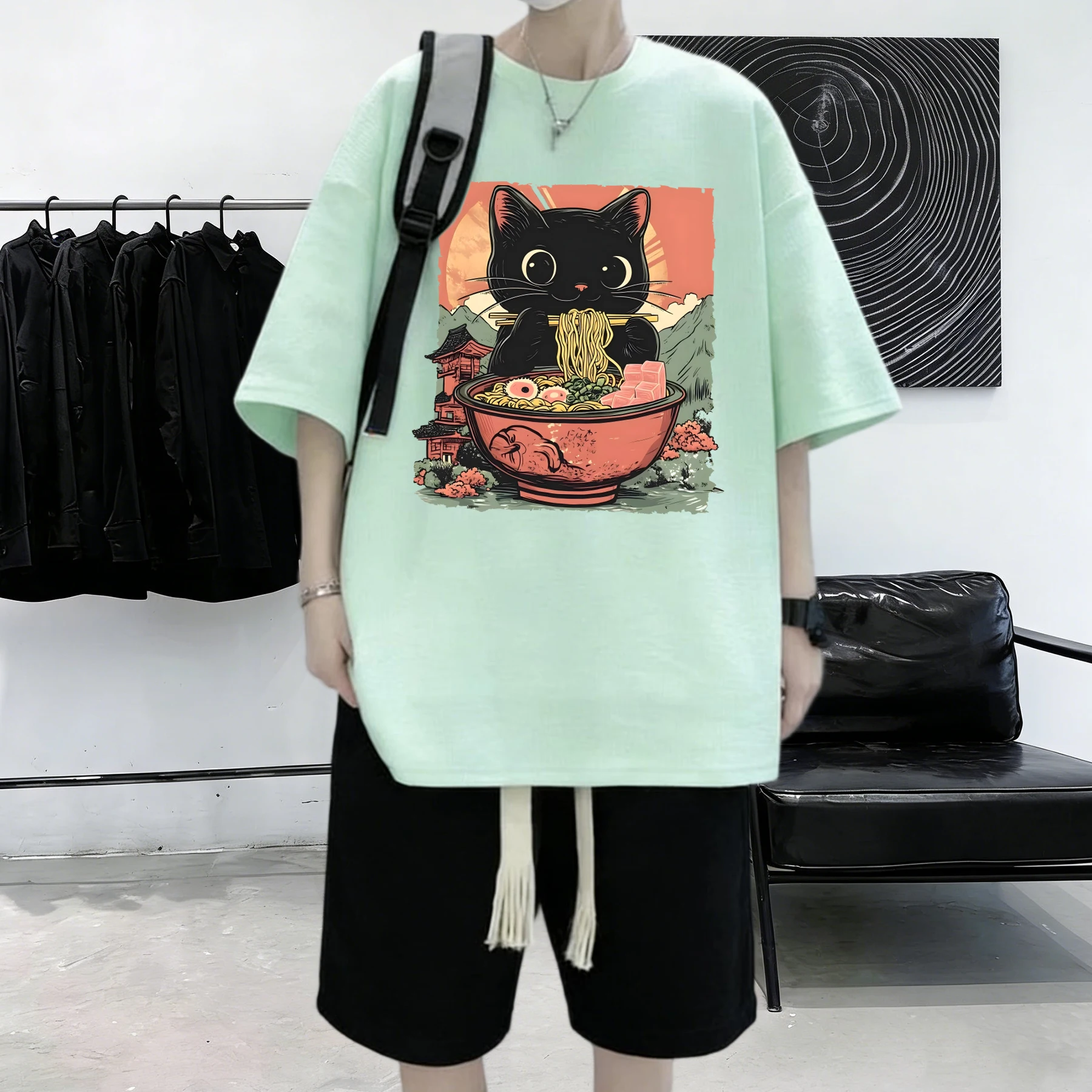 Retro Cats Like To Eat Lamian Noodles Design Men Summer Daily Cotton T-Shirt Korean Soft Streetwear Commute Breathable Tops