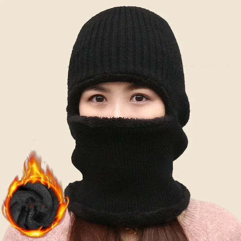 1Pcs Unisex Coral Fleece Knitted Double‑Layer Hat Scarf Warm Breathable Winter Cap Outdoor Cold‑Proof Casual Headwear Supplies