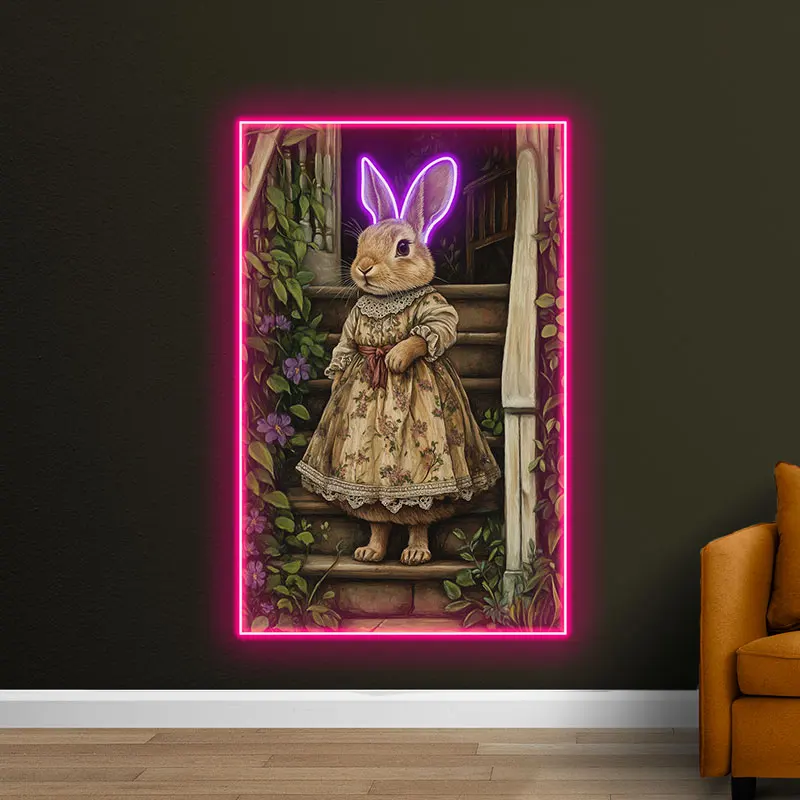 Toysign Stile vintage Coniglio Wall Art Luce al neon, Poster di animali carini per l'arredamento della camera dei bambini, Design di abiti floreali, Regalo perfetto