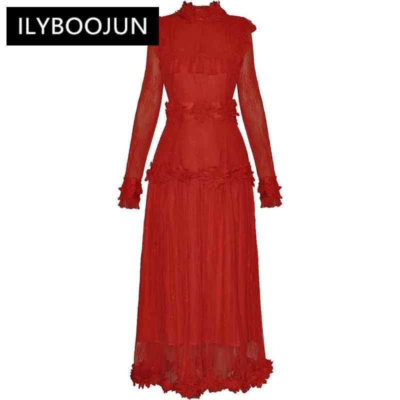 

ILYBOOJUN Fashion Women's Ball Gown Dress Autumn Stand Collar Lace Long-Sleeved Appliques Design Vintage Solid Color Dresses