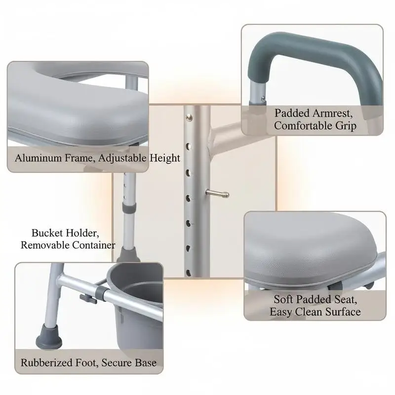 Toilet Bench 22"x17"x31" For Bedroom Hospital Nursing Home, Padded Seat Armrests 7-Level Height Adjustable 5.8L Removable Bucket Easy Assembly 350 LBS Capacity Adult Senior Raised Potty Chair - view 7