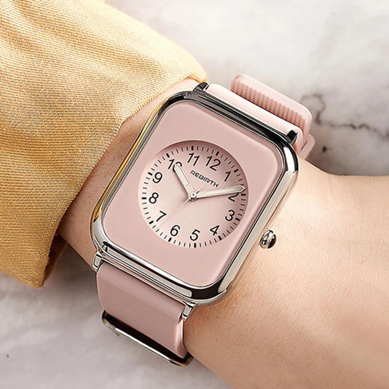 Fashion Square Rebirth Top Brand Women Rubber Watch Band Wrist Watches 2022 Pink For Ladies Quartz Relogio Feminino Women's