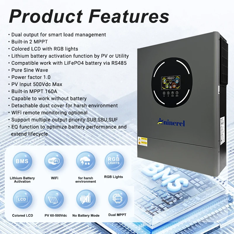 Aninerel Hybrid PV Inverter 11KW 6.2KW 4.2KW 24V 48V Pure Sine Wave MPPT Solar Home Inverter WIFI Remote Minitoring LCD Display