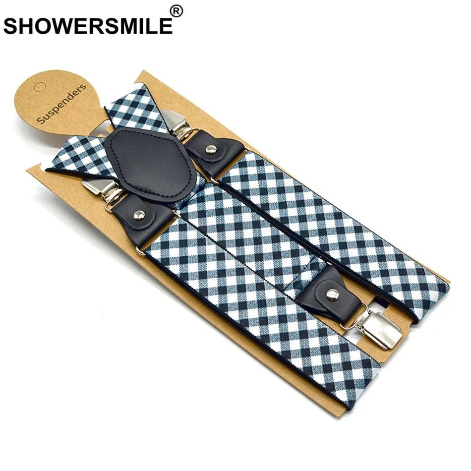 SHOWERSMILE Mens Suspenders Checkered Wedding Formal Braces Elastic Suspender Straps Mens Trouser Belt 3.5*120cm Men Accessories