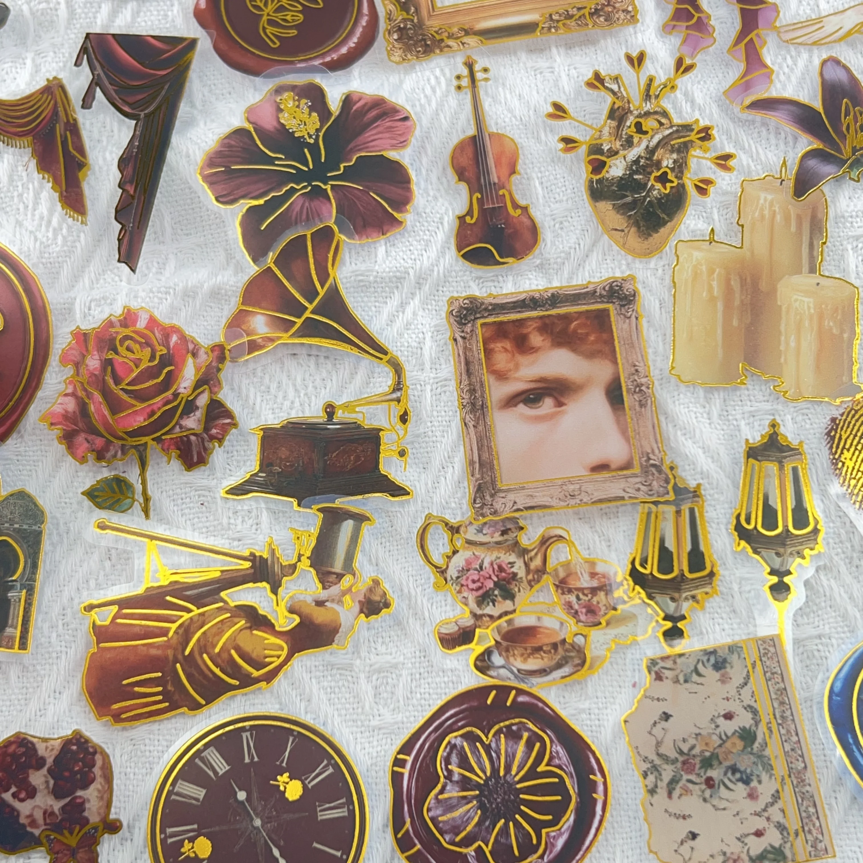 50/100PCS Vintage European Royal Style Red and Gold Edition Sticker Pack Waterproof Transparent PET Decorative Guitar Notebook