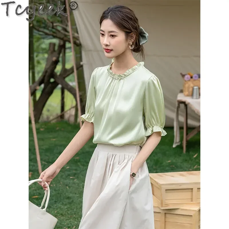 Tcyeek Heavyweight 19 Mm 100% Real Mulberry Silk Blouse Summer Short Sleeve T-shirts Ladies Clothes Tshirt Blusa Mujer Elegante