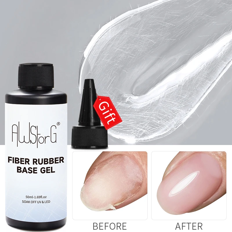 AWStorG 2 stks/set 50 ml Fiber Rubber Base Gel Super Top Coat Voor Gel Nagellak Basic Gereedschap Losweken UV Gel Polish Vernis Semi-pe