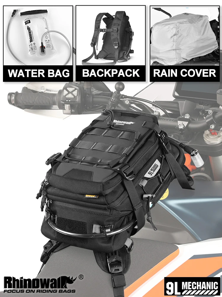 Rhinowalk Motorcycle Tank Bag 9L With rain cover Versatile backpack With 1.5L water bag MOLLE System Multi-compartment Universal