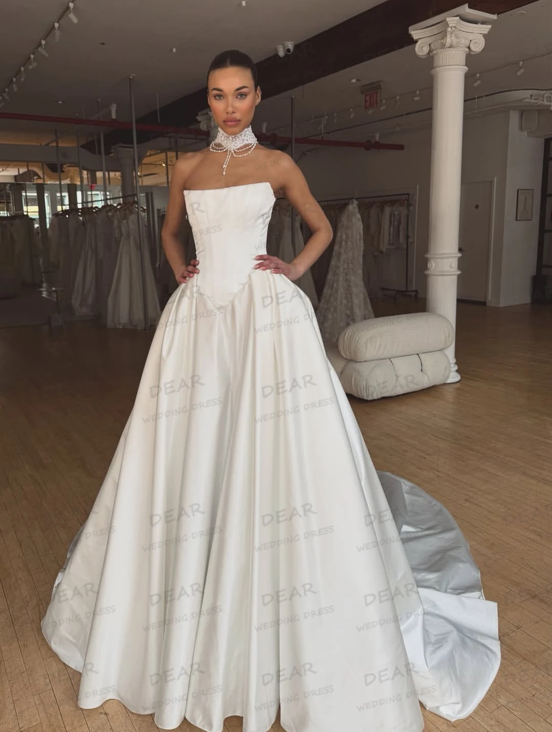 Simple Sexy Wedding Dresses Boat Neck Satin Women A Line Sweep Train Bridal Gowns Fluffy Sleeveless свадебное платье Customized