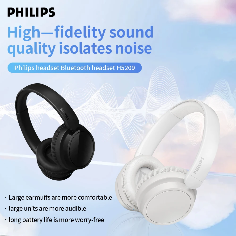 New Philips TAH5209 Wireless Headphonds Bluetooth 5.3 Earphone Long Life HD Call Noise Reduction Foldable Sports Gaming Headset