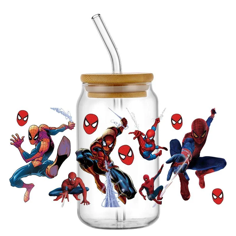 Miniso Super hero Spider-Man pattern 16OZ UV DTF Cup Wrap Transfer Sticker Custom Label DIY Waterproof Logo For Libbey Glass Can