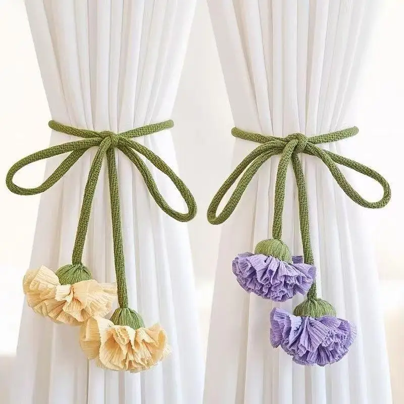 Elastic Band Curtain Tieback Flower Shape Adjustable Window Curtain Buckles Tassels No Punching Curtain Rope Holders Kids Room