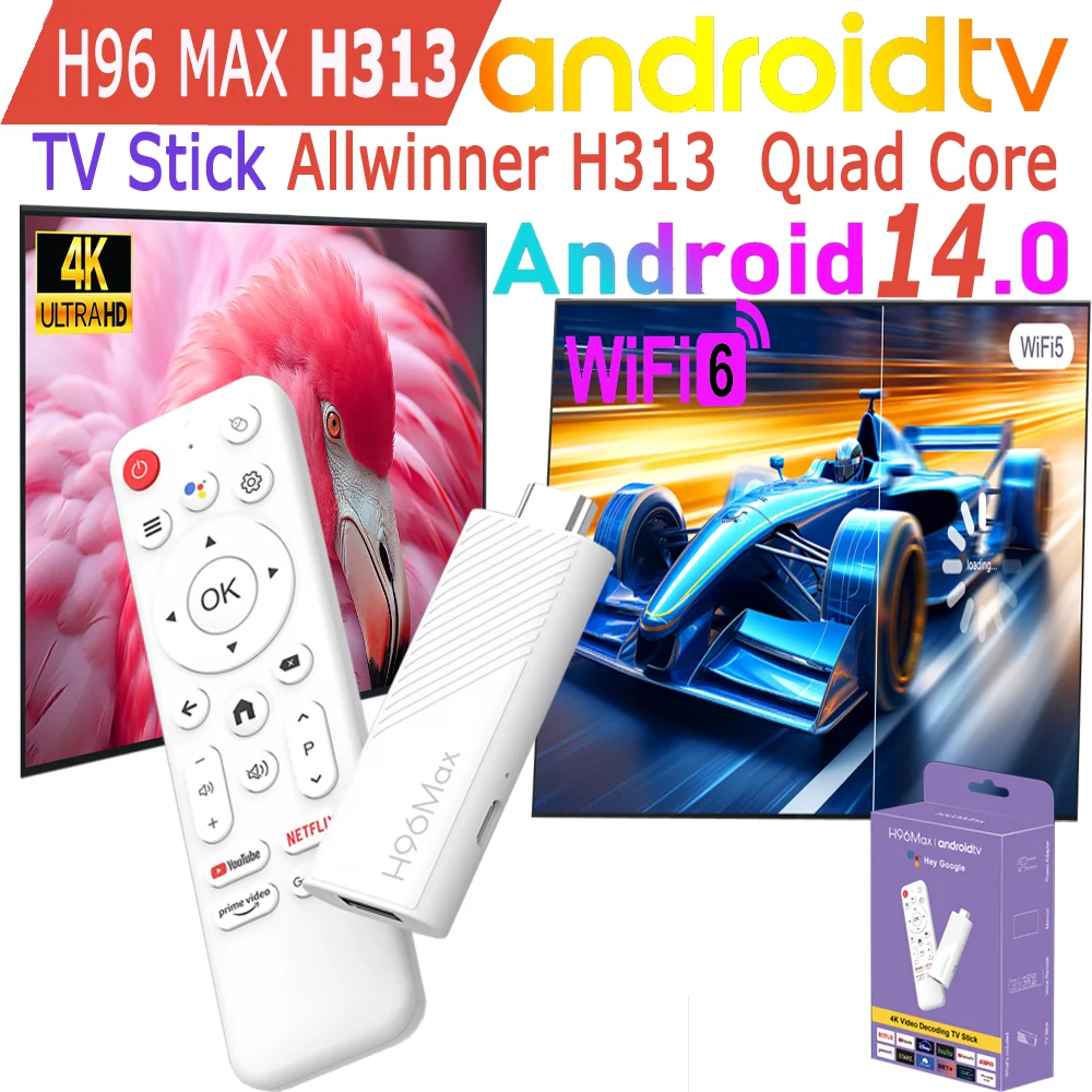 Mini TV Stick Android 14.0 Allwinner H313 Quad Core 4K HDR Wifi6 Wifi 2.4G Game Media Player Smart TV Box H96 Max