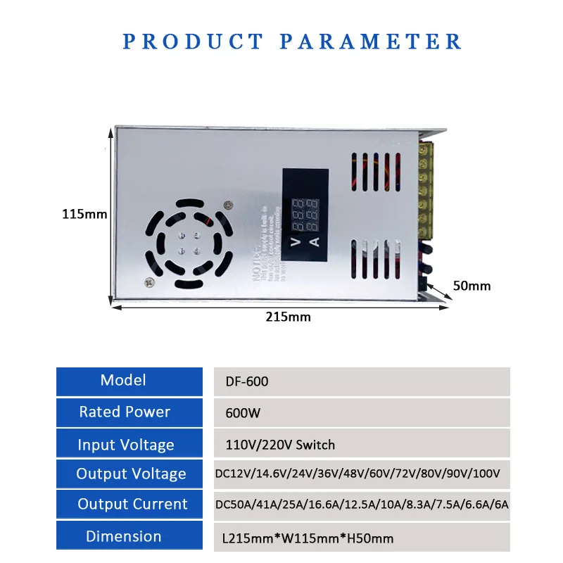 600W Voltage Current Adjustable Switching Power Supply 12v 24v 36v 48v 60v 72v With LED Display For Charging Battery