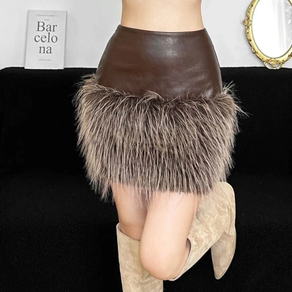 SylCue Furry Patchwork Mini Skirts Woman Faux Leather High Waist Skinny Stretch Street Fashion Versatile Casual Style Bottoms