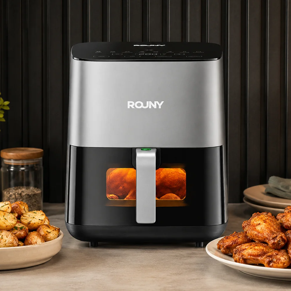 Air Fryer 5L Digital - หม้อทอดไร้น้ำมัน ROUNY 5L พร้อมหน้าต่างมองเห็นอาหาร, เตาอบลมร้อนไร้น้ำมันพร้อมกล่องนึ่ง, ระบบควบคุมแบบสัมผัส