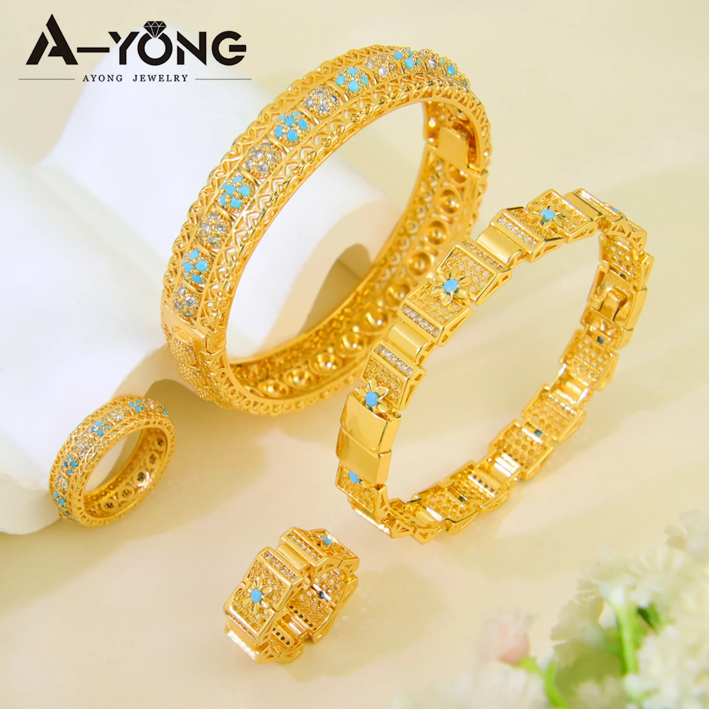 Luxury Dubai Gold Wedding Jewelry Set 21k Gold Plated Italian Fashion Cuff Bracelet Ring Ethiopian Women Party Bangles