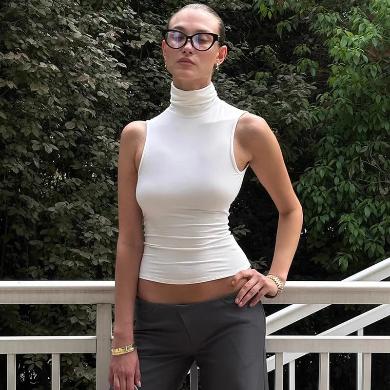 

Casual Solid White Women Basic Vest T Shirt Tank Tops Turtleneck Summer New Clothes Skinny Mini Club Sexy Crop Tank Tops