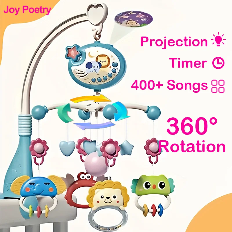 360° Musical Baby Crib Mobile Rotating Night Light Projection Bed Bell Toy Four Speed Timming Hanging Infant Newborn Bedside Gif