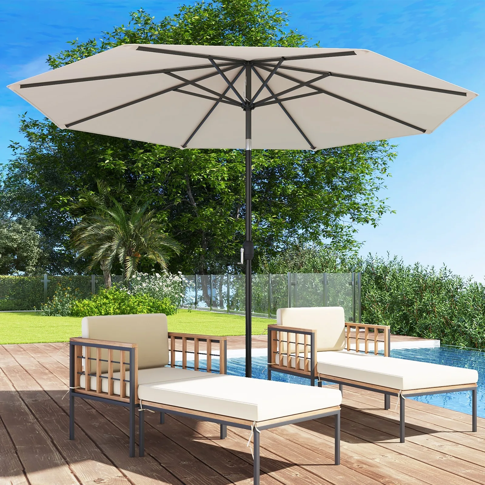 

10 ft Patio Umbrella Market Table Umbrella Yard Outdoor w/ 6 Ribs Beige