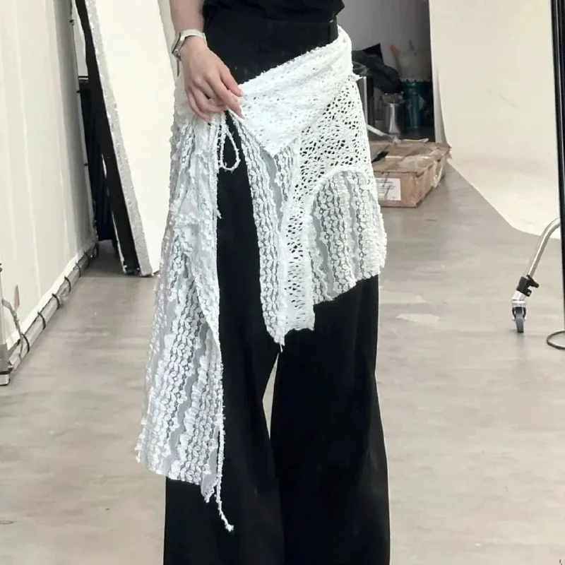 IMU Hollow Out Irregular Lace Skirts Chic Lace-up Design Stacked Layered Feeling Mesh Apron Vintage Women Y2k White Jacquard