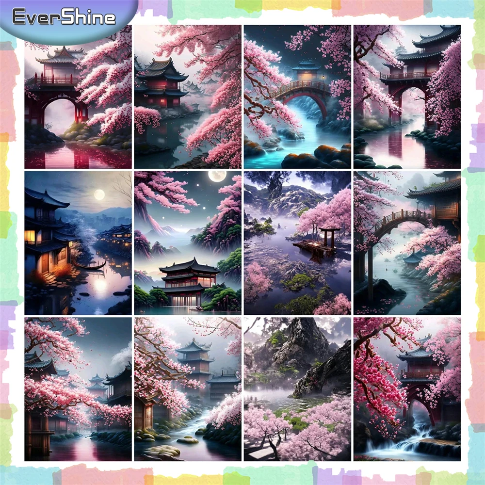 EverShine Diamond Painting Cherry Blossom Tree New 2024 Diamond Mosaic Scenery House Full Kits Embroidery River Home Decor Gift