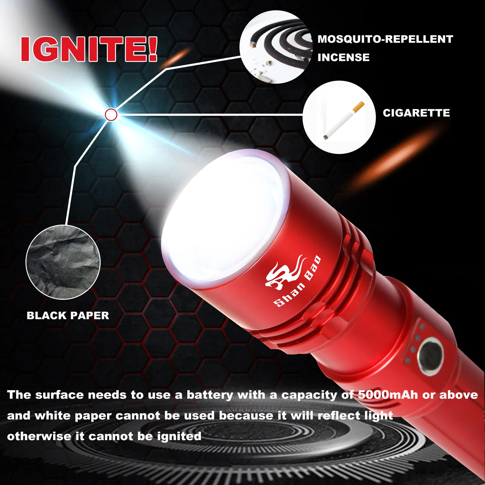 Shan Bao Red Outdoor Camping Ultra-bright Powerful Sturdy Zoomable Flashlight Includes 3000mAh battery No focus lens