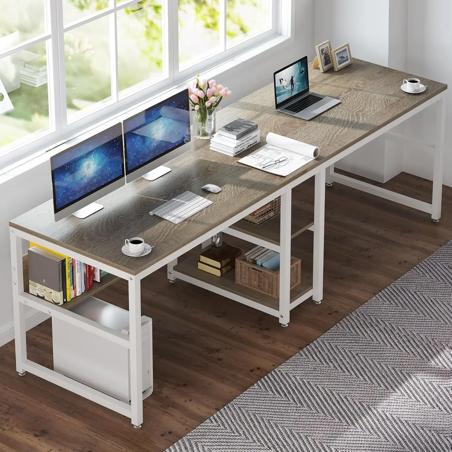 Tribesigns Two Person Desk with Bookshelf, 78.7 Computer Office Double Desk for Two Person, Rustic Writing Desk Workstation with