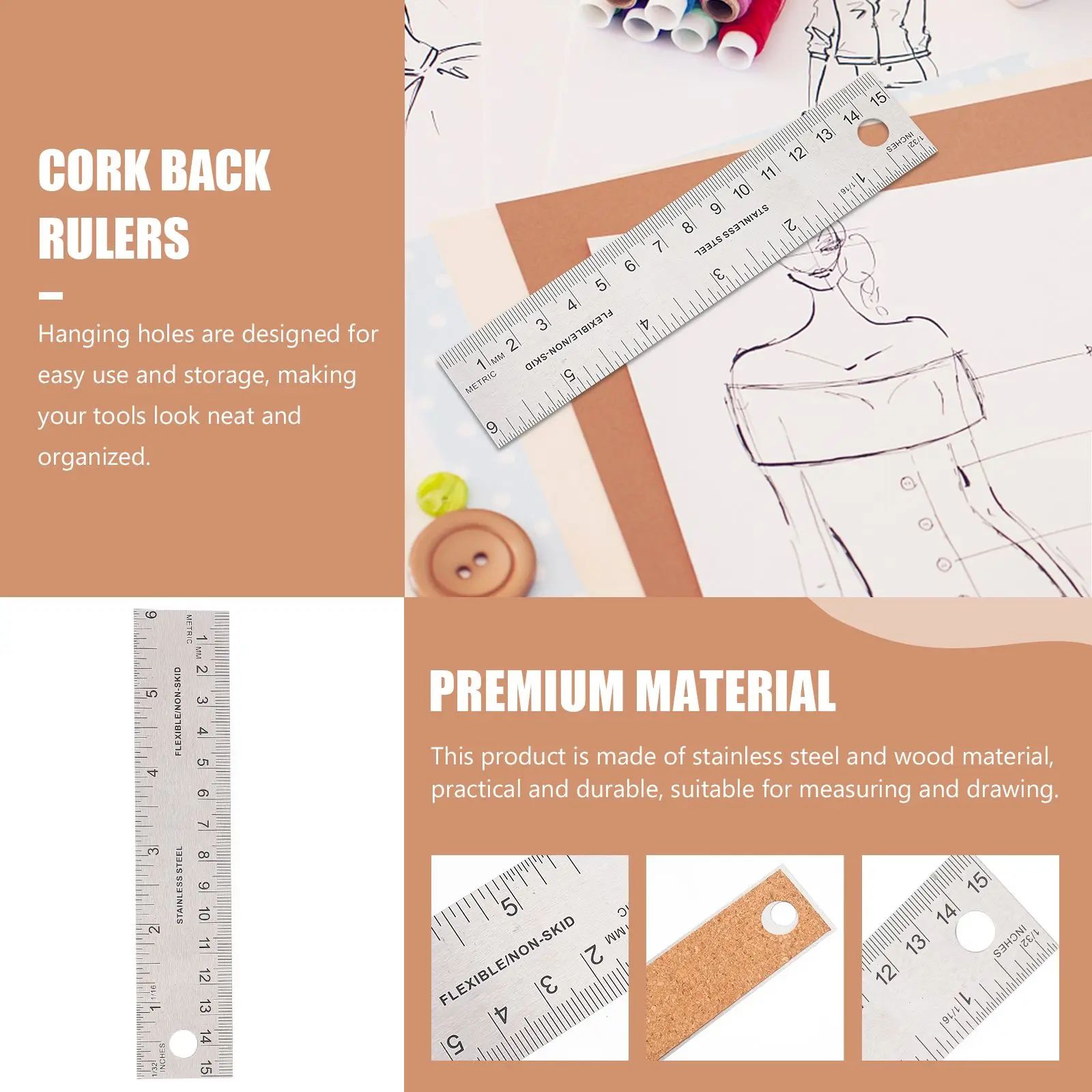 2 Pcs 15cm Cork Back Rulers Stainless Steel Drafting rulers for Drawing Engineering Scale School Office Supplies Precision Tools