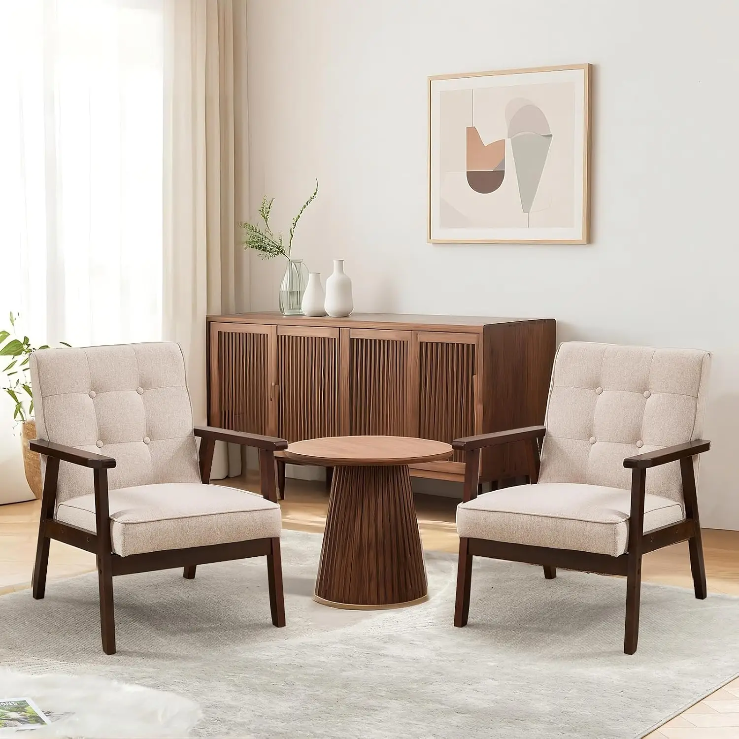 Fabric Mid-Century Modern Accent Chair Set of 2, Upholstered Armchair with Solid Wood Frame, Reading Chair for Living Room