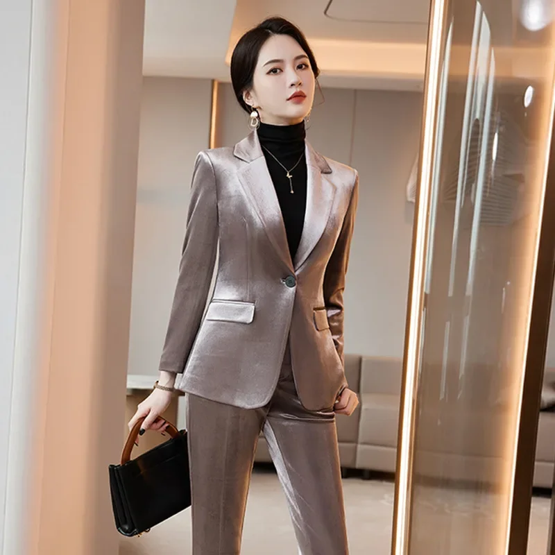 Velvet Formal Women Suit Pants Set Jacket+Trouser 2-Piece High Quality Korean Female Autumn Winter Shiny Warm Work Wear Coat