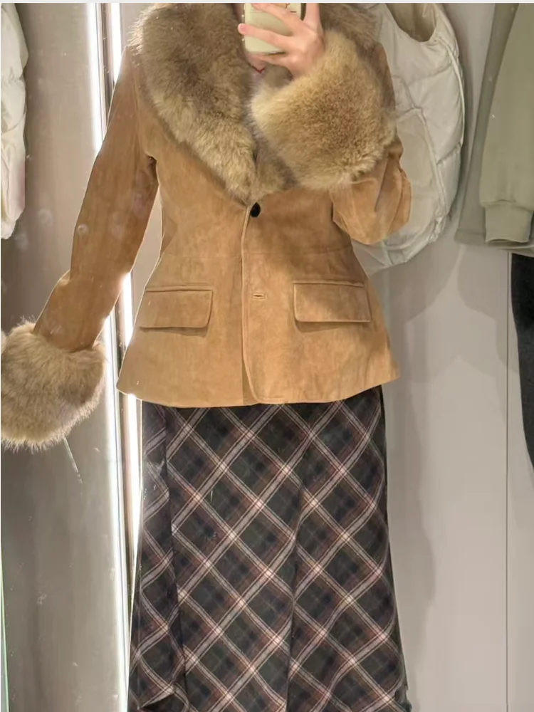 شتاء جديد المرأة سليم صالح فو الفراء تأثير المخملية بدلة جلدية Jaet خمر Sle طويل Sve زر إغلاق اللون #2