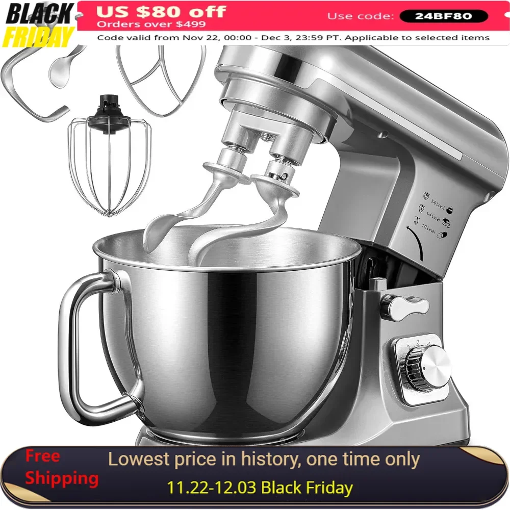 5.5Qt Food Mixer with Double Dough Hook, Wire Whip & Beater, Speed Tilt-Head Mixer, Pouring Shield with Handle, Stand Mixer