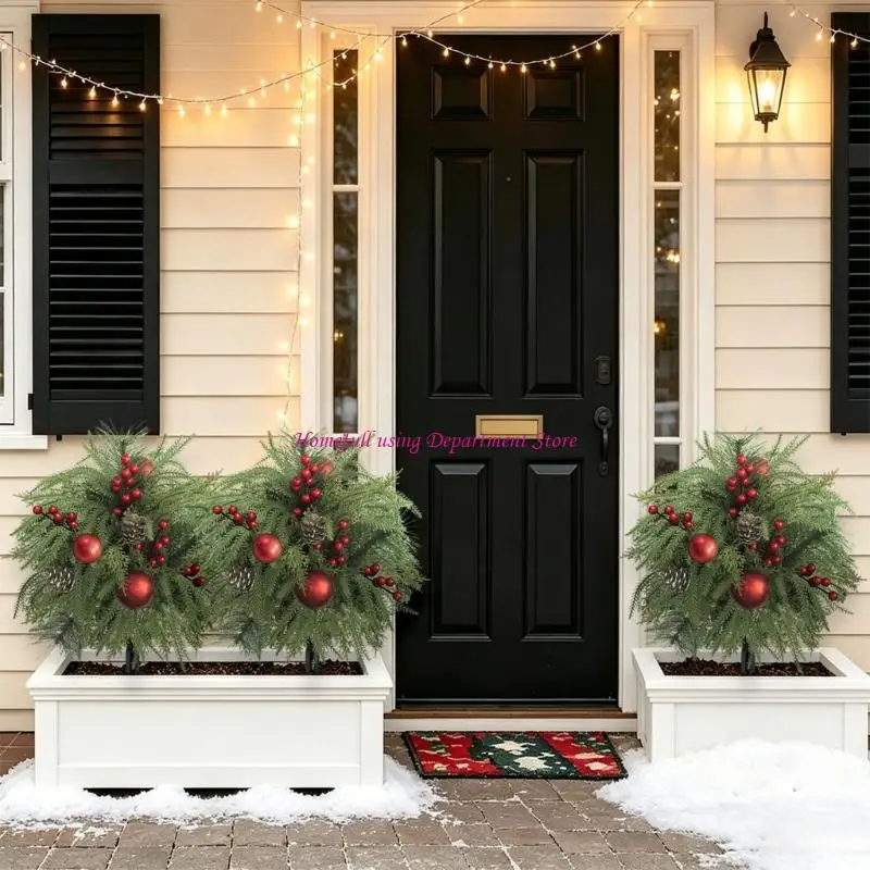Outdoor Christmas Stake Piece Artificial Pine Stem Accent for Garden Soil and Porch Pot, Plastic Holiday Display for Front Door