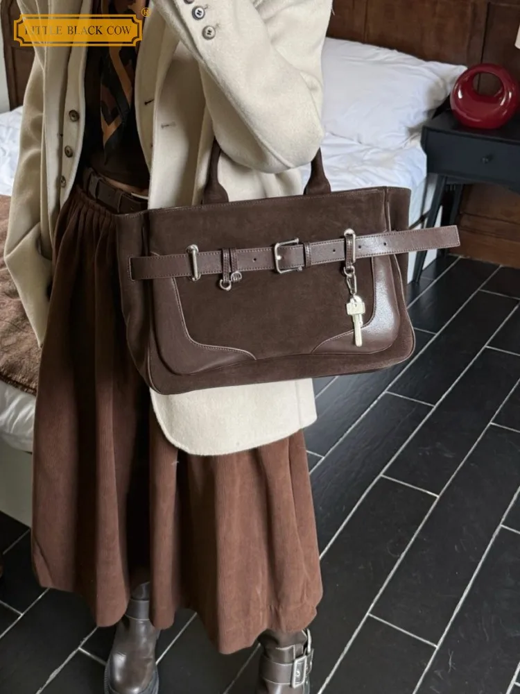 

Casual Women Fashion Zipper Patchwork Vintage Cow Suede Leather Shoulder Underarm Crossbody Bag Ladies Elegant Office Handbag