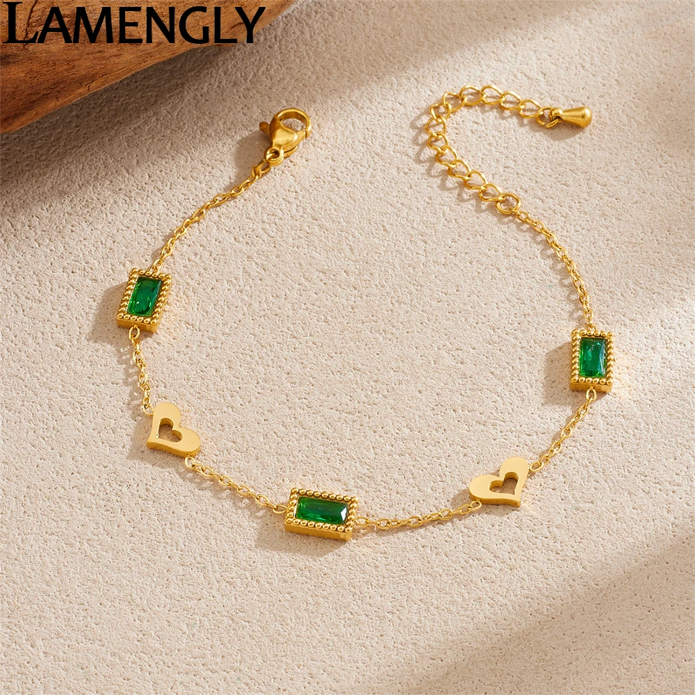 

LAMENGLY 316L Stainless Steel Green Zircon Inlay Cuboid Hollow Out Heart Charm Bracelet Women Noble Elegant Wrist Chain Party