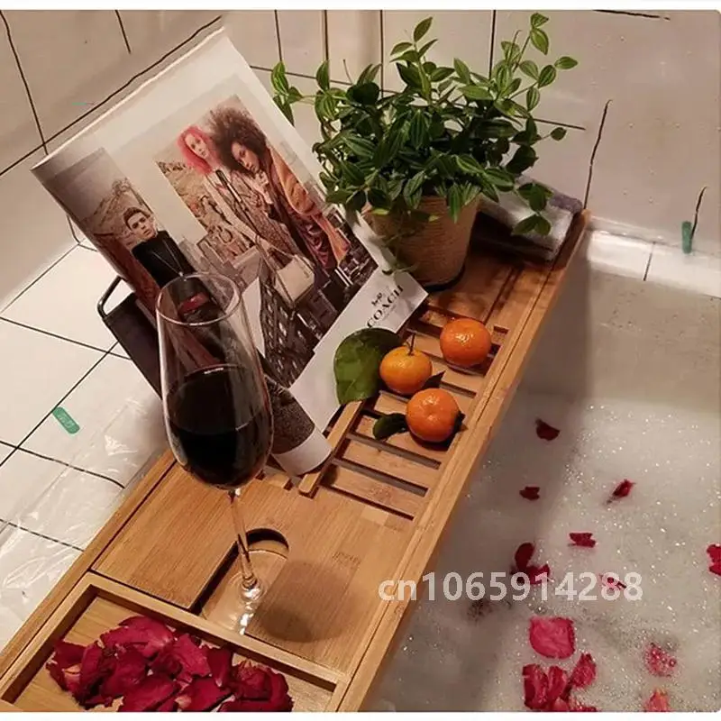 Bamboo Bathtub Caddy Tray Adjustable Wood Bath Tub Organizer with Cup Wine Holder Soap Dish Book Space Phone Slot for Shower