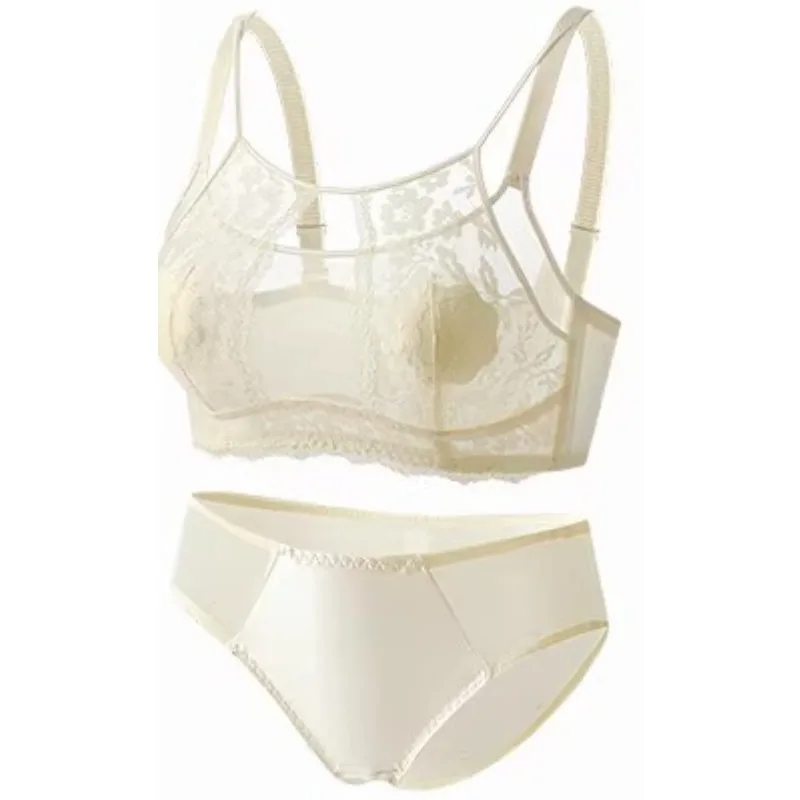 

French Style Ladies Thin Lingerie Set Large Bust Slimming Sexy Lace Back Detail Soft Fabric Wireless Comfort Matching Briefs Set