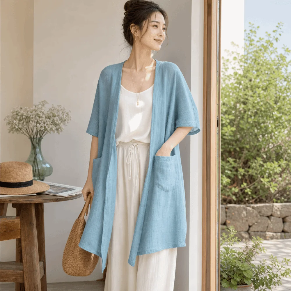 

Short Sleeved Linen Cardigan Loose Sunscreen Cover Summer Shirt Simple Front Opening Long Shawl Beach Vacation