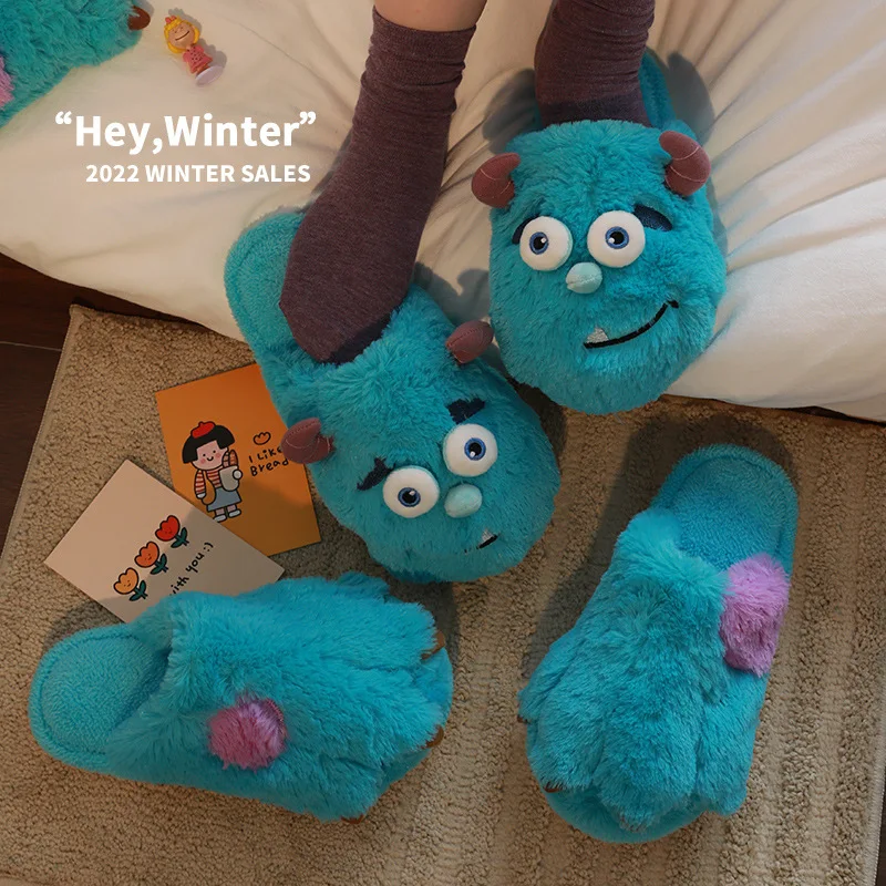 Cute little blue monster plush slippers for men and women winter fashion indoor students skid-proof warm cotton shoes