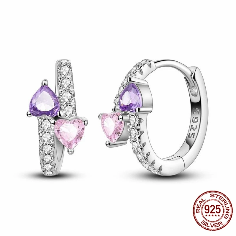 

Original Designer 925 Sterling Silver Elegant Ewelry Fashion Pink And Purple Double Heart Earrings For Woman Wedding Party Gift