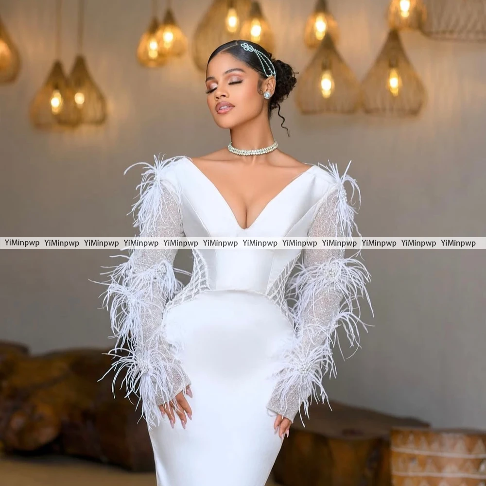 Elegant Civil Wedding Dresses for Bride Off Shoulder Long Sleeve Tea Length Feathers Bridal Reception Cocktail Dress Customized